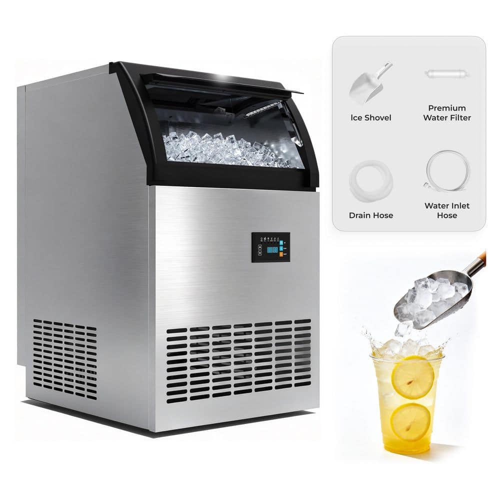 19.1in.160lb./24H Commercial Spray Full Size Cubes Freestanding Ice Maker, Stainless Steel w/ LCD Panel Auto Clean