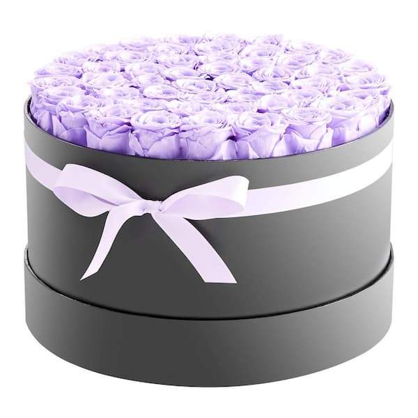 50 Preserved Roses in a Box, 6.5 in. Lavender Purple Indoor Artificial Rose in Black Basket Container, Long-Lasting