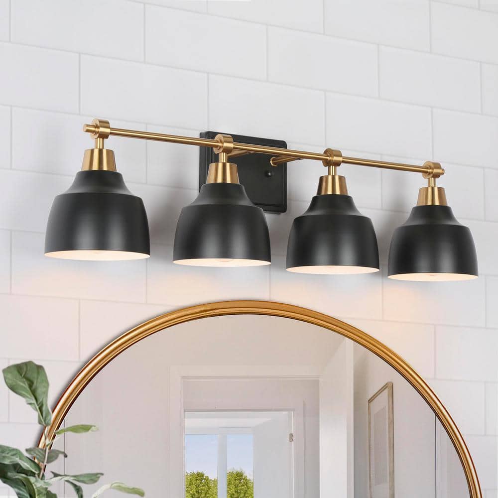 Modern Bathroom Vanity Light 29 in. 4 Light Black Vintage Wall Sconce with Plated Brass Finish & White Inner Bell Shades