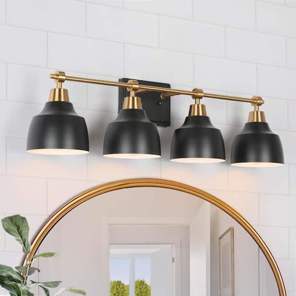 LNC Modern Bathroom Vanity Light 29 in. 4 Light Black Vintage Wall Sconce with Plated Brass Finish & White Inner Bell Shades