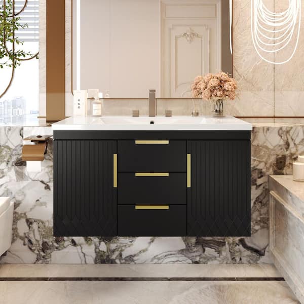 36 in. Single Sink Floating Black Bath Vanity with White Resin Top, 2 Drawers and 2 Cabinets, Smooth Slide Rail