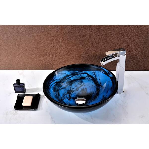 ANZZI - Thalu Series 17 in. Bathroom Vessel Sink with Scratch-Tough and Stain-Resistant Surface in Sapphire Wisp Glass