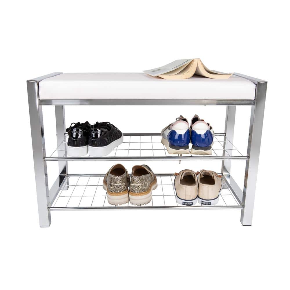 Chic White Leatherette and Chrome Metal Frame Entryway Shoe Bench with Storage