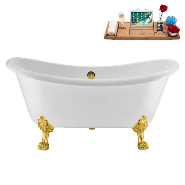 Streamline 59 in. x 28 in. Acrylic Clawfoot Soaking Bathtub in Glossy White with Polished Gold Drain, Polished Gold Clawfeet