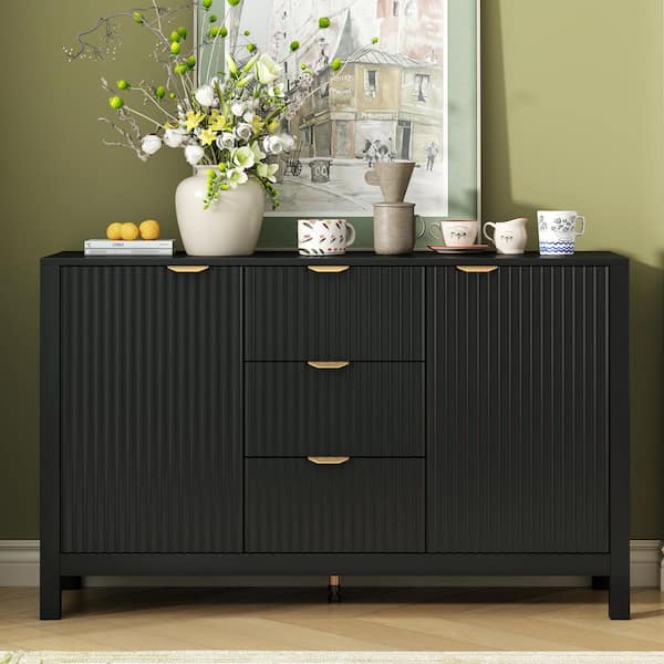 Modern Black Wood 47.2 in. Sideboard with Adjustable Shelves and 3 Drawers