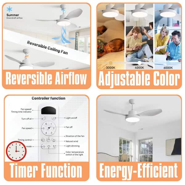 47 in. Ceiling Fan with 22W LED Light and Remote Control 6 Speeds Reversible DC Motor White for Living Room Bedroom