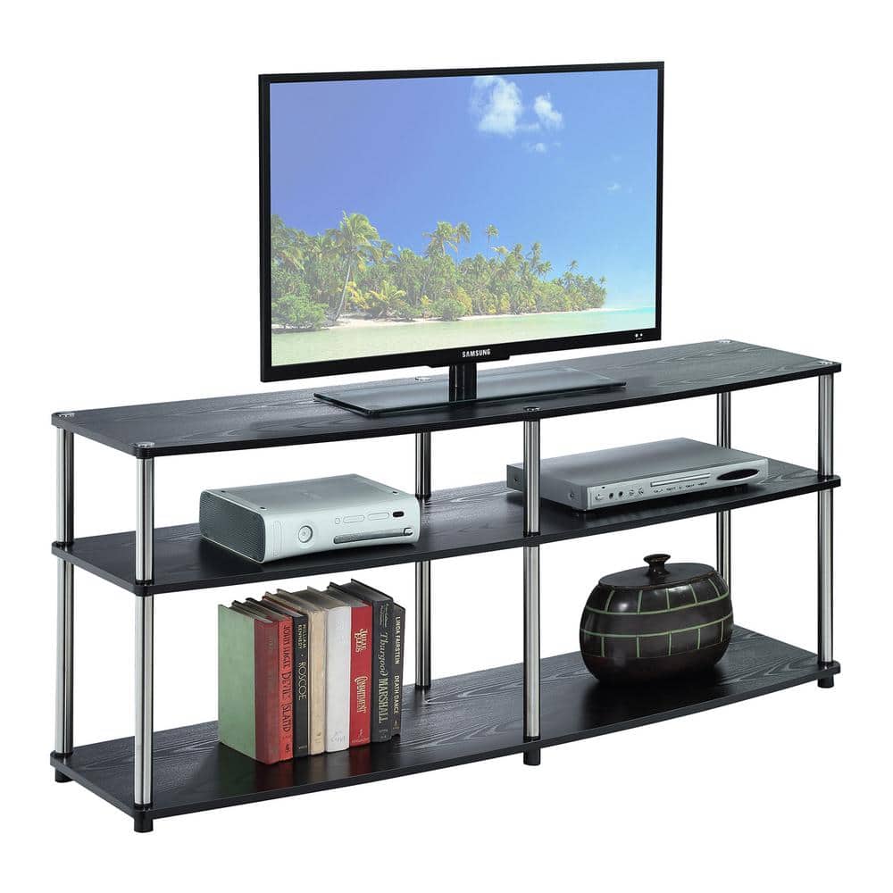 Black 59" 3-Tier TV Stand with Stainless Steel Poles