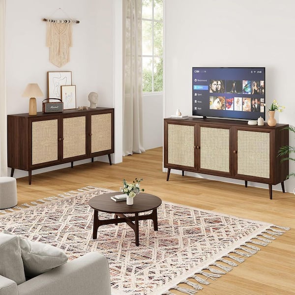 Lirago Walnut 59 in. Display Cabinet with 3-Rattan Doors, Kitchen Storage Cabinet