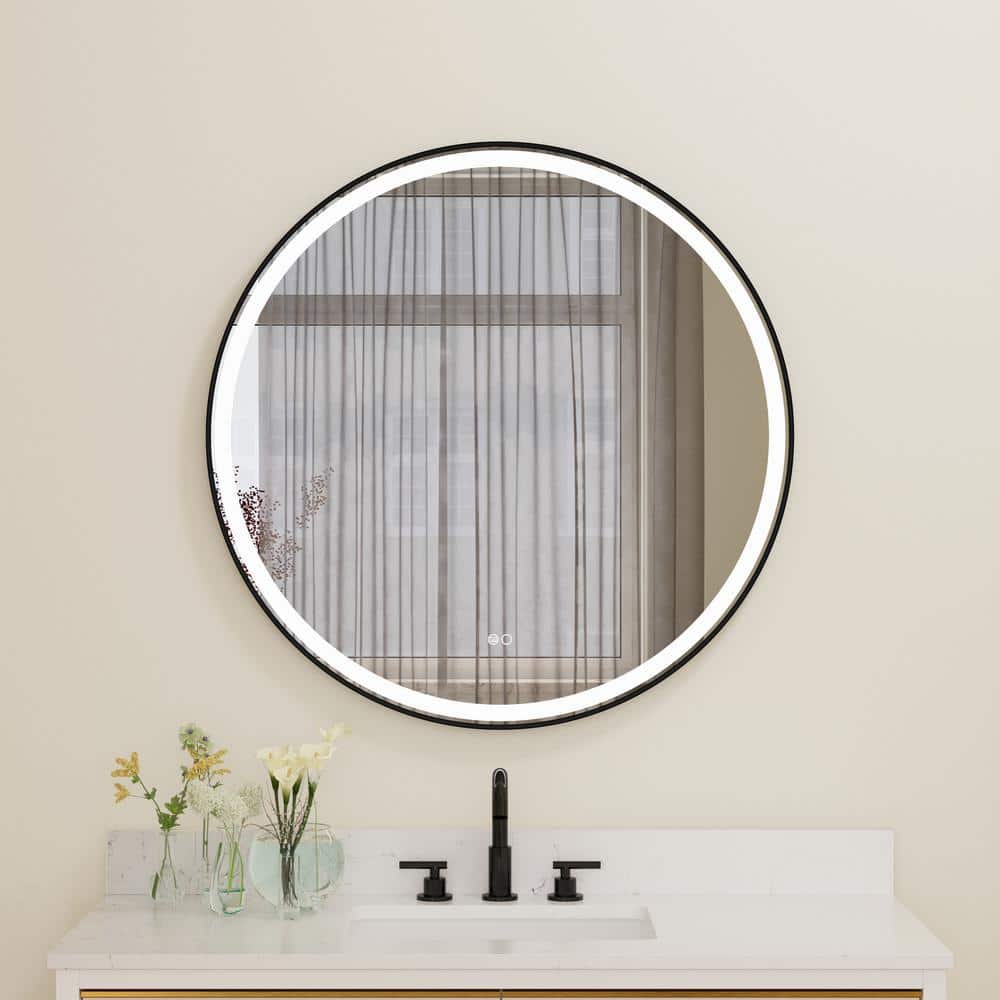 36 in. W x 36 in. H Round Framed Wall Anti-Fog LED Bathroom Mirror in Black