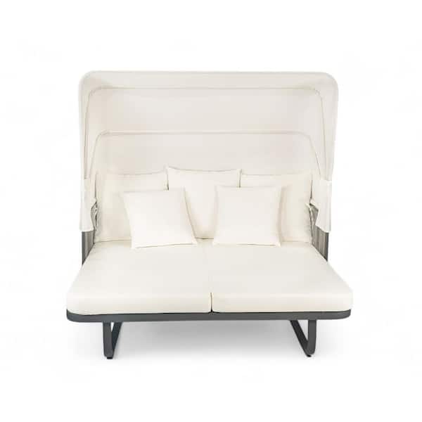 Beige Metal Outdoor Patio Day Bed, Sunbed with Beige Cushions and Detachable Pillows