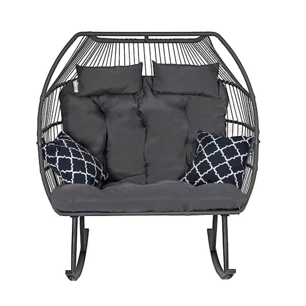 Wicker Outdoor Rocking Chair 2-Person Oversized Egg Chair with Padded Grey Cushions