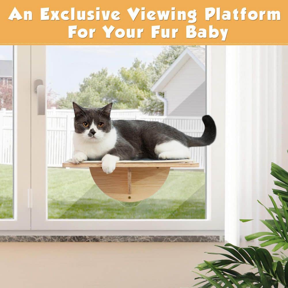 Small Natural Wood Cat Window Perch with Gray Mat