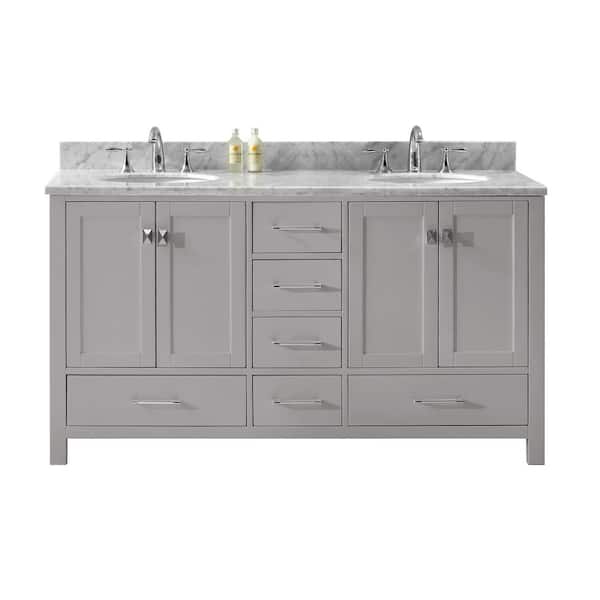 Virtu USA Caroline Avenue 60 in. W Double Bath Vanity in Cashmere Grey with Marble Vanity Top and Round Basin with Faucet