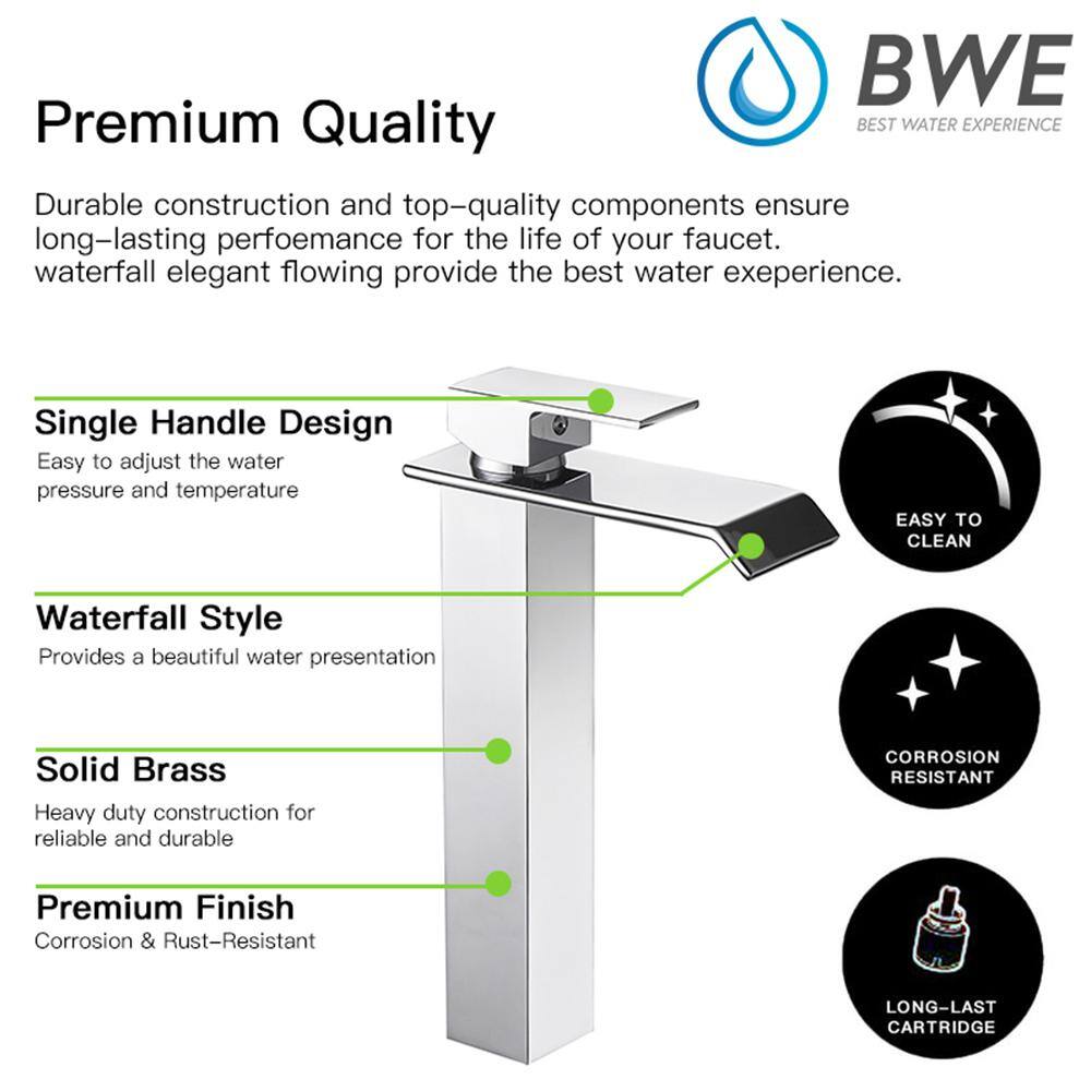 Polished Chrome Waterfall Vessel Sink Faucet with Pop-Up Drain