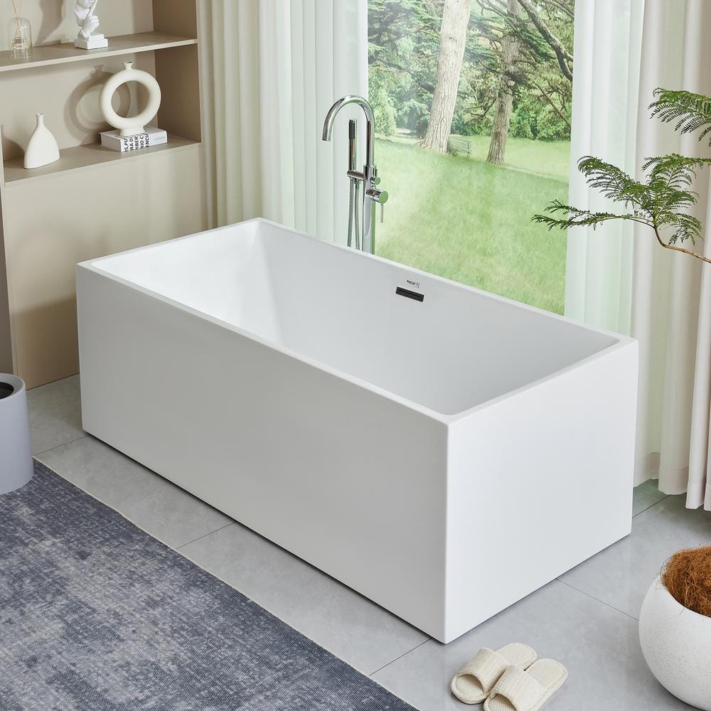 White Acrylic Freestanding Soaking Bathtub with Matte Black Trim