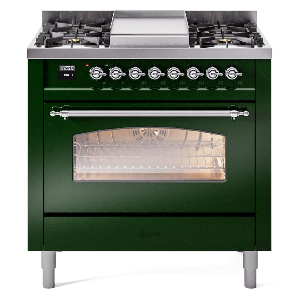 Nostalgie II 36 in. 6 Burner+Griddle Freestanding Dual Fuel Liquid Propane Range in Emerald Green with Chrome Trim -  ILVE, UP36FNMPEGCLP