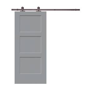 30 in. x 80 in. Light Gray Stained Composite MDF 3-Panel Equal Style Interior Sliding Barn Door with Hardware Kit