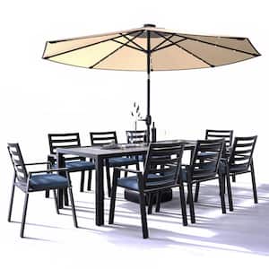 Chelsea 9 Piece Outdoor Dining Set with Aluminum Dining Table and 8 Dining Chairs with Removable Cushions, Charcoal Blue