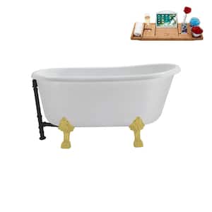 57 in. Acrylic Clawfoot Non-Whirlpool Bathtub in Glossy White with Matte Black Drain and Brushed Gold Clawfeet
