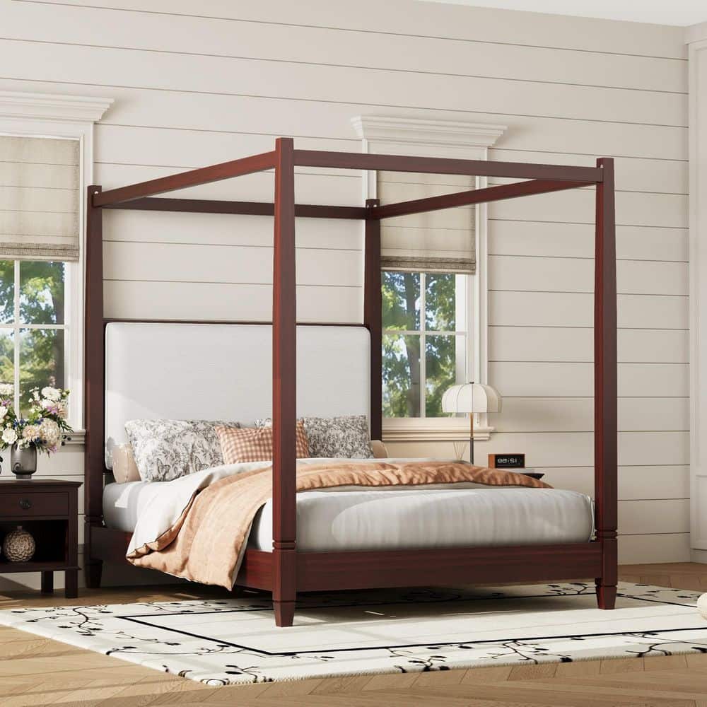 Espresso Brown Wood Frame Queen Size Canopy Bed Platform Bed with Linen Upholstery Headboard price history on PriceWatchPro