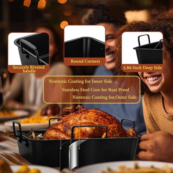 Wudkey 15 qt. Black Roasting Pan with Racks, Stainless Steel Turkey Roaster with Cooling Racks, Nonstick Deep Broiler Pan - image 4