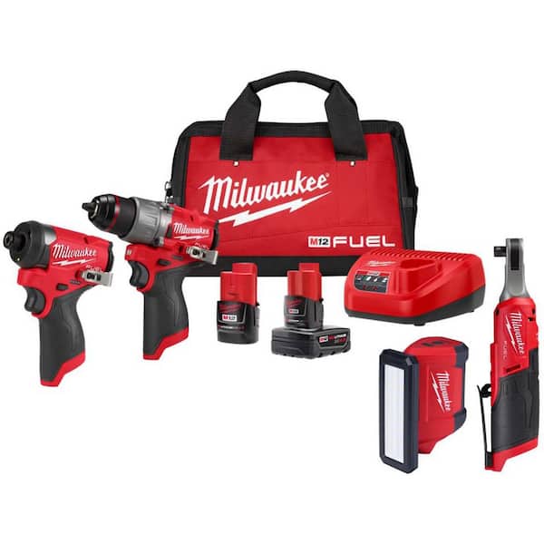 Milwaukee M12 FUEL 12-Volt Li-Ion Brushless Cordless Hammer Drill & Impact Driver Combo Kit w/2 Batteries, 3/8 Ratchet & Light
