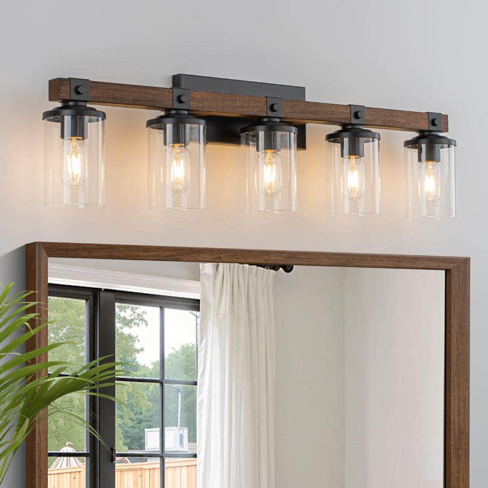 34.3'' Farmhouse 5-Light Bathroom Vanity Light, Industrial Black Wooden Wall Sconce with Clear Glass for Bedroom Hallway price history on PriceWatchPro