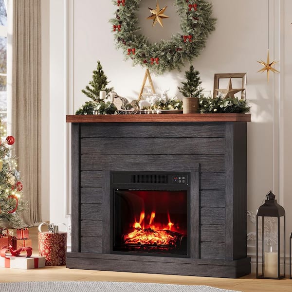 38 in. Black Freestanding Electric Fireplace TV Stand with Mantel, 18 Insert Fireplace with Adjustable Flame/Temperature