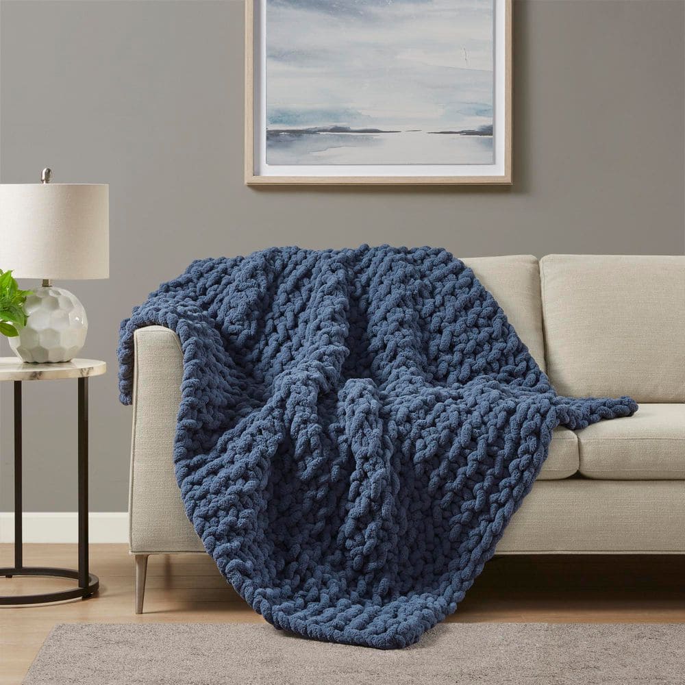 Madison Park Chenille Chunky Knit Navy Blue Polyester Throw