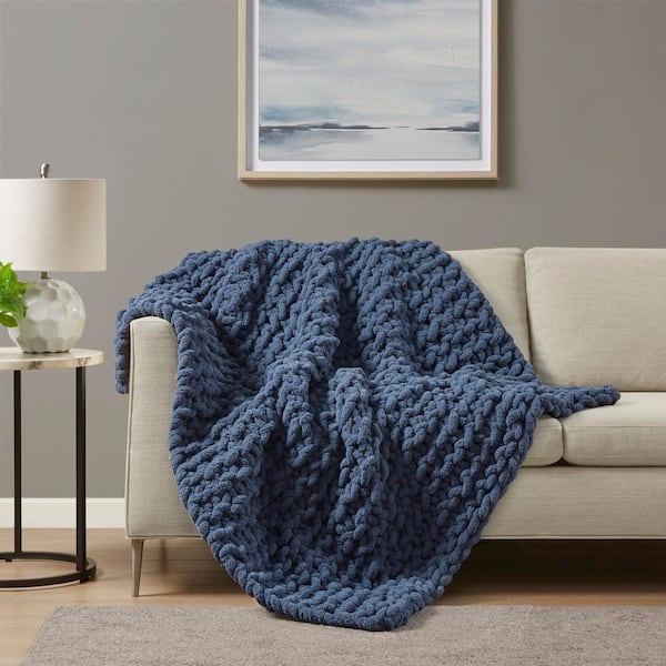 Chenille Chunky Knit Navy Blue Polyester Throw Blanket