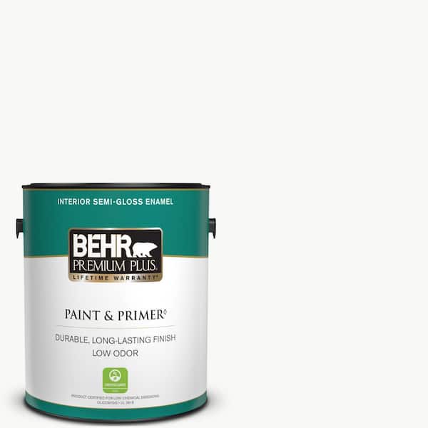BEHR PREMIUM PLUS 1 gal. Ultra Pure White Semi-Gloss Enamel Low Odor Interior Paint & Primer