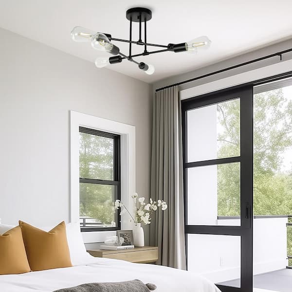 6-Light Black Sputnik Modern Linear Semi Flush Mount