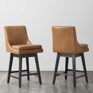 Fiona 26.8 in. Cognac Brown Solid Wood Frame Swivel Counter Height Bar Stool with Faux Leather Seat and Back (Set of 2)
