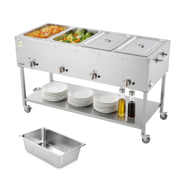 4-Pan Commercial Propane Steam Table, LP Gas Soup Warmer w/ Drain Valve & 3 in. Wheels, Stainless Steel w/ Temp Control