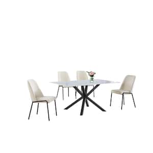 Marcial 5-Piece White Rectangle Marble Wrap Glass Top Iron Metal Frame Dining Set With 4 Beige Polar Fleece Fabric Chair