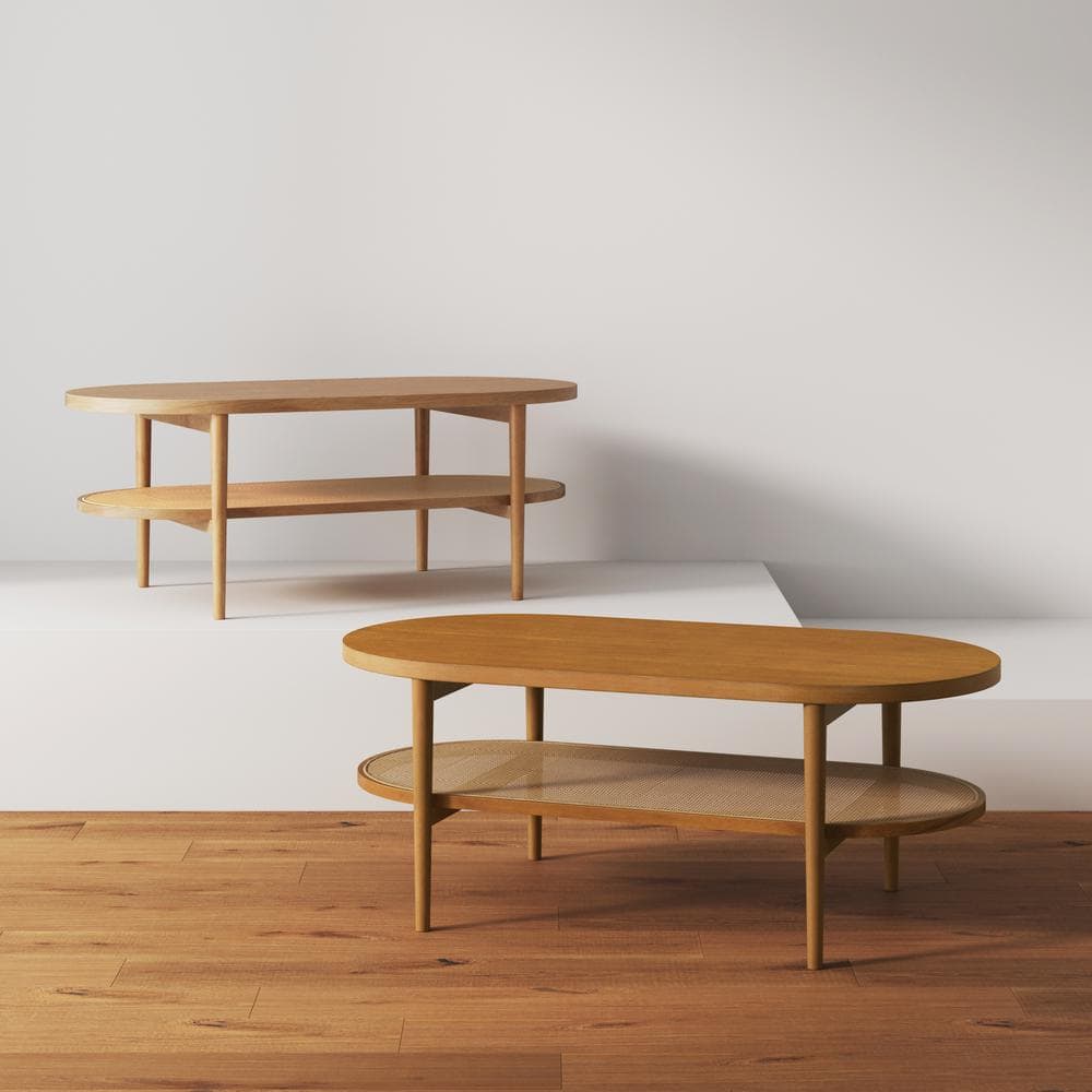 Honey Brown Oval Wood Coffee Table with Storage Shelf
