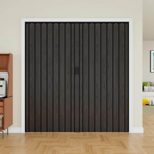 72 in. x 80 in. Black Woodgrain Vinyl PVC Accordion Door, Interior Folding Doors with Installation Hardware
