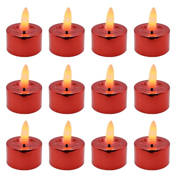 LUMABASE Battery Operated 3D Wick LED Tea Lights, Red - Set of 12