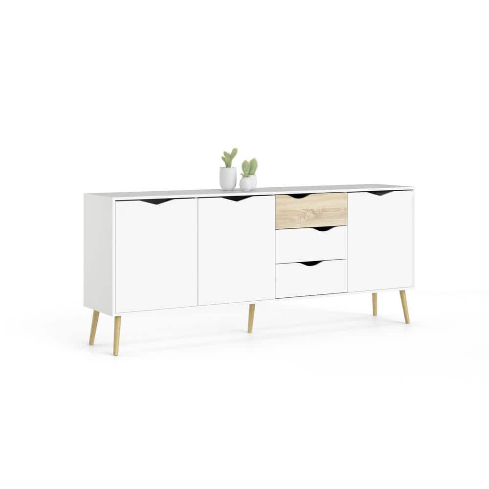 Scandinavian White and Oak 77" Sideboard with Adjustable Shelves
