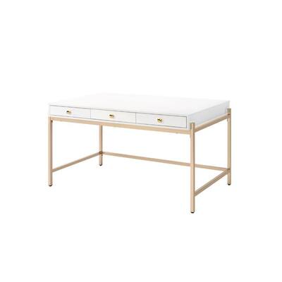 Ottey 30 in. Rectangular White High Gloss and Gold Composite 3-Drawer Writing Desk with-Drawers