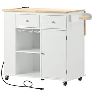 White Rubber Wood 39.8 in. Kitchen Island with Adjustable Storage and Side Shelving