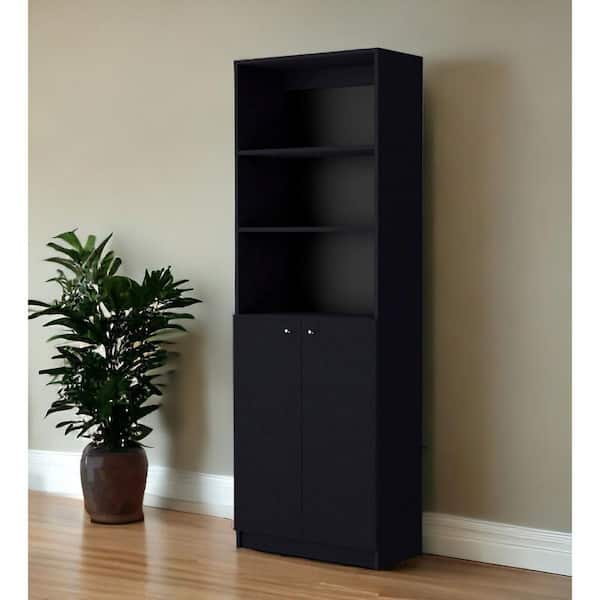 HomeRoots 71.1 in. Tall Black Engineered Wood 5-Shelf Standard Bookcase with Doors