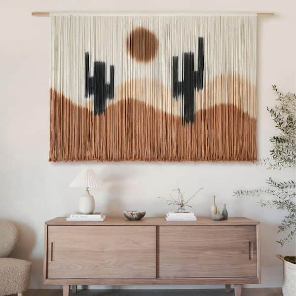 57 in. x 35 in. Brown Large Desert Cactus Macrame Wall Hanging-Tie-Dye Boho Yarn Wall Art, Natural Cotton Wall Art