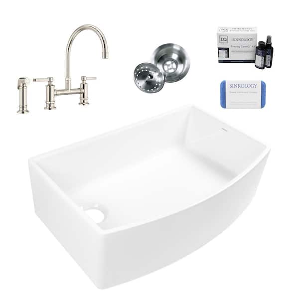 SINKOLOGY Bradstreet II 33 in. Farmhouse Apron Front Bow Front Undermount Single Bowl White Fireclay Kitchen Sink with Faucet Kit