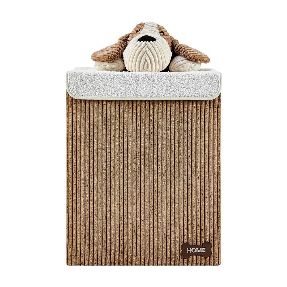 Brown Corduroy Collapsible Kids Hamper with Plush Dog Lid