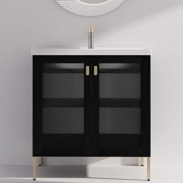 32 in. W x 18.7 in. D x 34.8 in. H Single Sink Freestanding Bath Vanity in Black with White Ceramic Top and 4 Metal Feet