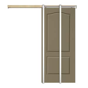 30 in. x 80 in. Olive Green Painted Composite MDF 2PANEL Arch Top Sliding Door with Pocket Door Frame and Hardware Kit