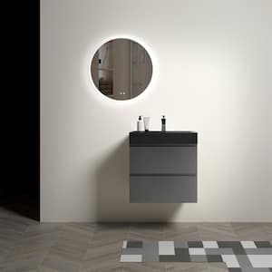 24 in. W Modern Wall Mounted Floating Bathroom Vanity with 2 Drawers and Single Black Sink in Gray
