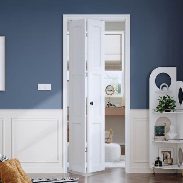 28 in. x 80 in. 3-Lite Panel White Finshed Solid Core Wood Interior Bi-fold Door with Hardware