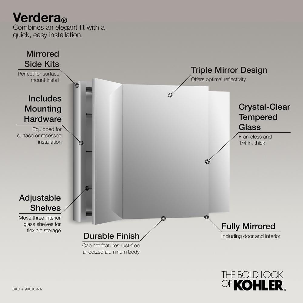 Verdera 40" x 30" Frameless Aluminum Triple-Door Medicine Cabinet with Adjustable Shelves
